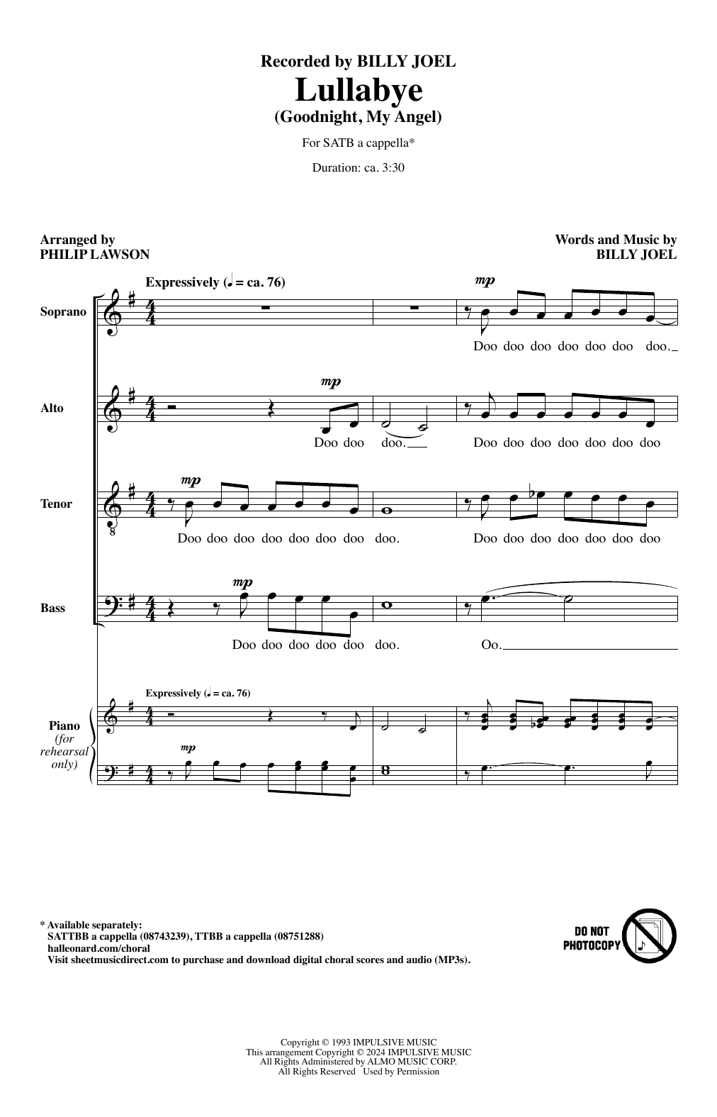 Download Billy Joel Lullabye (Goodnight, My Angel) (arr. Philip Lawson) Sheet Music and learn how to play SATB Choir PDF digital score in minutes
