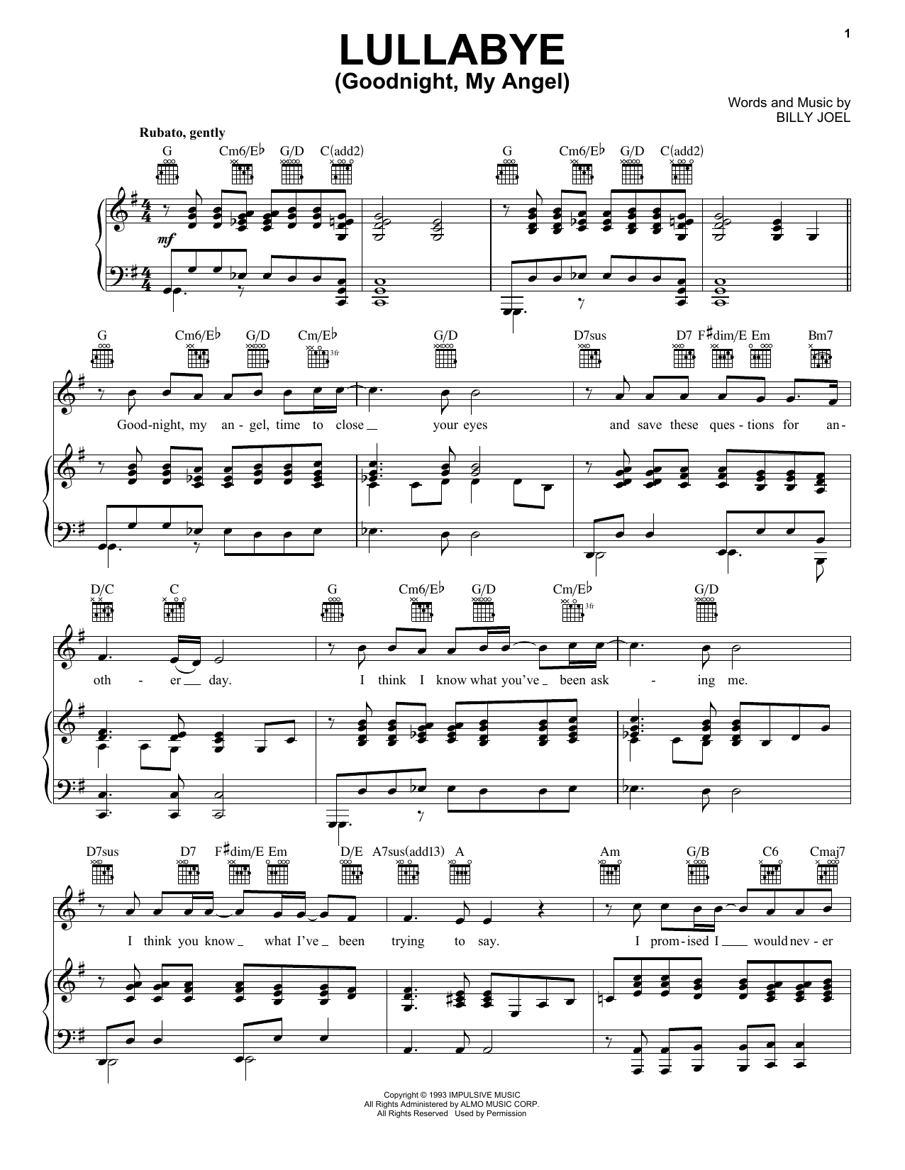 Download Billy Joel Lullabye (Goodnight, My Angel) Sheet Music and learn how to play Lyrics & Piano Chords PDF digital score in minutes