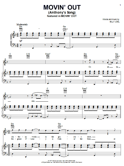 Download Billy Joel Movin' Out (Anthony's Song) Sheet Music and learn how to play Piano PDF digital score in minutes