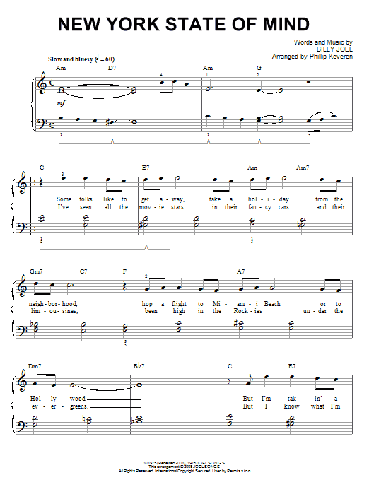 Download Billy Joel New York State Of Mind Sheet Music and learn how to play Easy Piano PDF digital score in minutes
