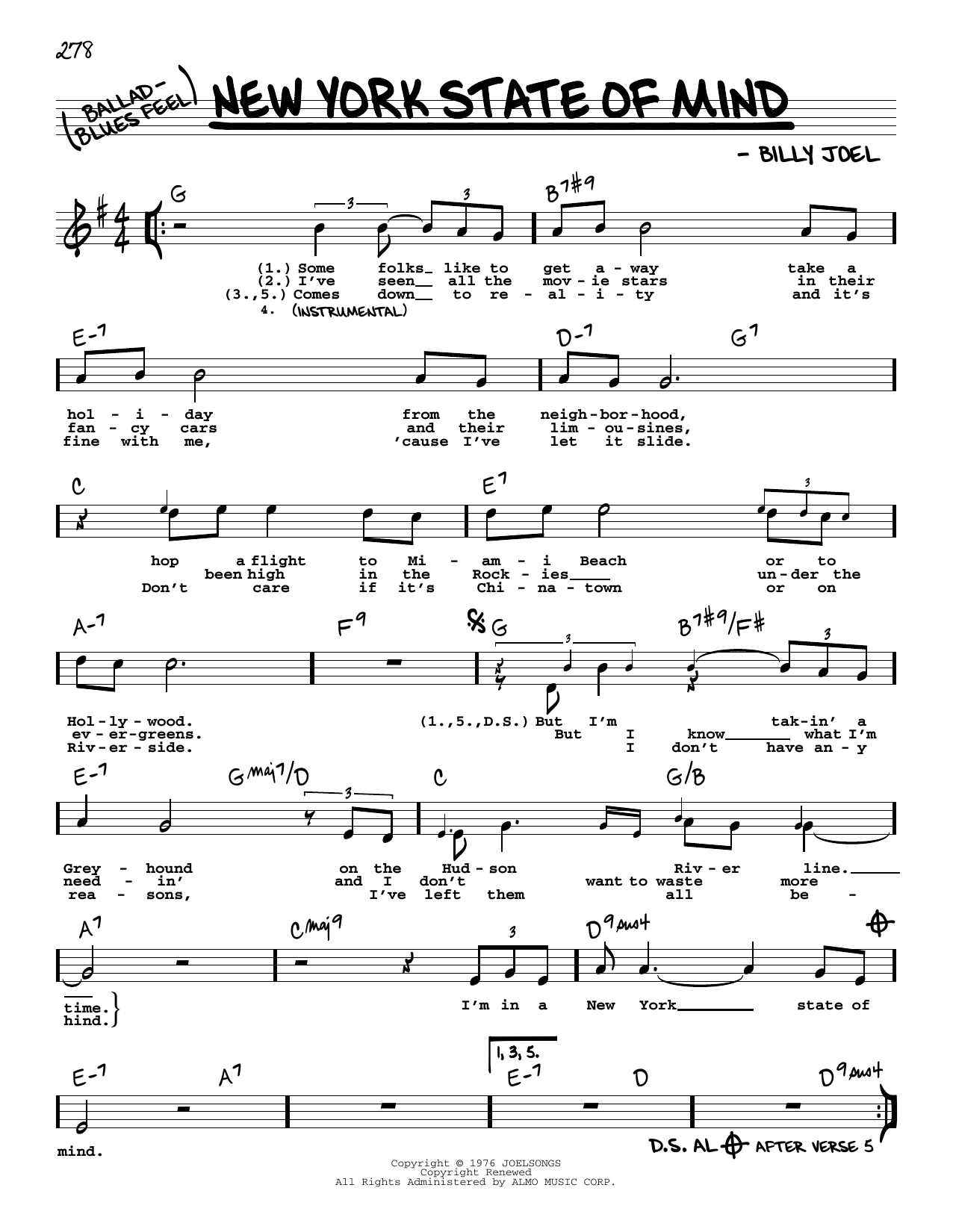 Download Billy Joel New York State Of Mind (High Voice) Sheet Music and learn how to play Real Book – Melody, Lyrics & Chords PDF digital score in minutes