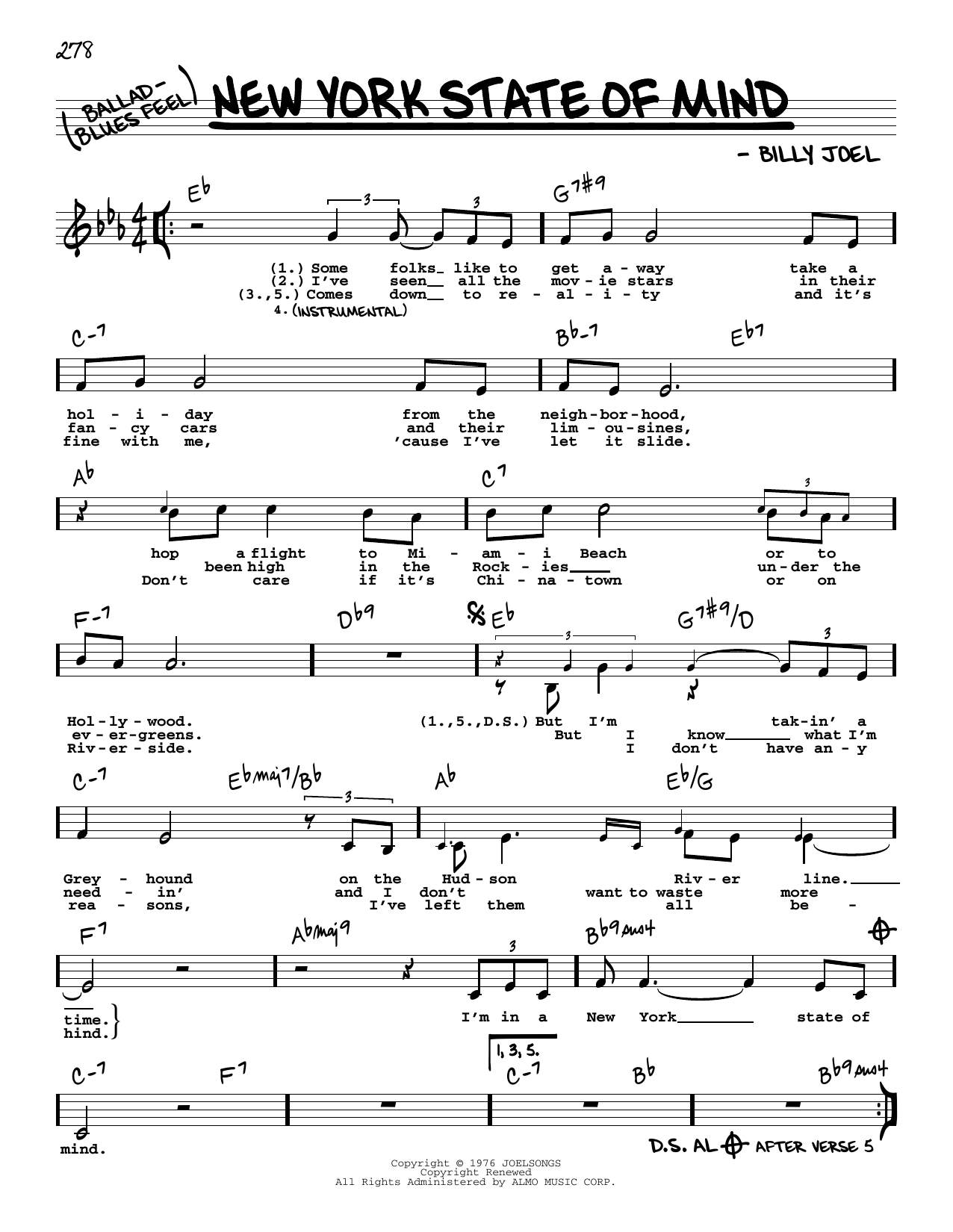 Download Billy Joel New York State Of Mind (Low Voice) Sheet Music and learn how to play Real Book – Melody, Lyrics & Chords PDF digital score in minutes