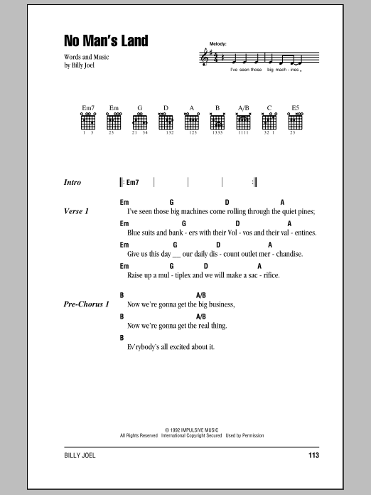 Download Billy Joel No Man's Land Sheet Music and learn how to play Lyrics & Piano Chords PDF digital score in minutes