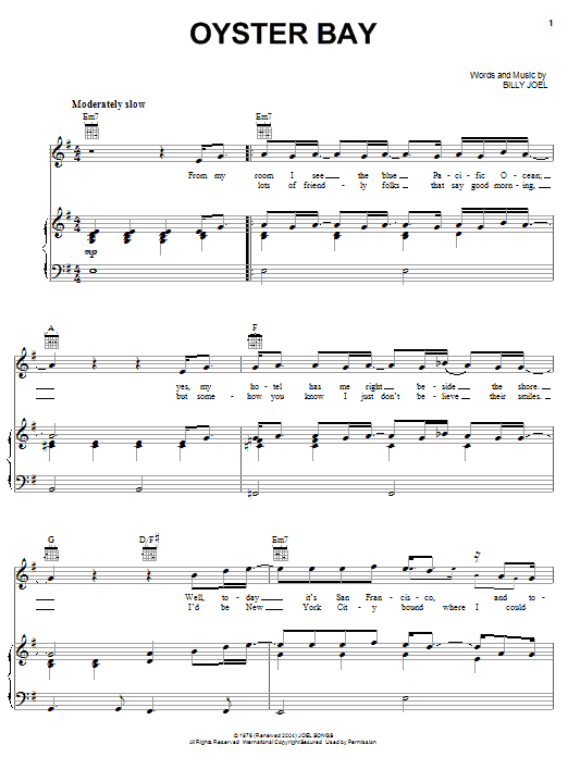 Download Billy Joel Oyster Bay Sheet Music and learn how to play Piano, Vocal & Guitar (Right-Hand Melody) PDF digital score in minutes