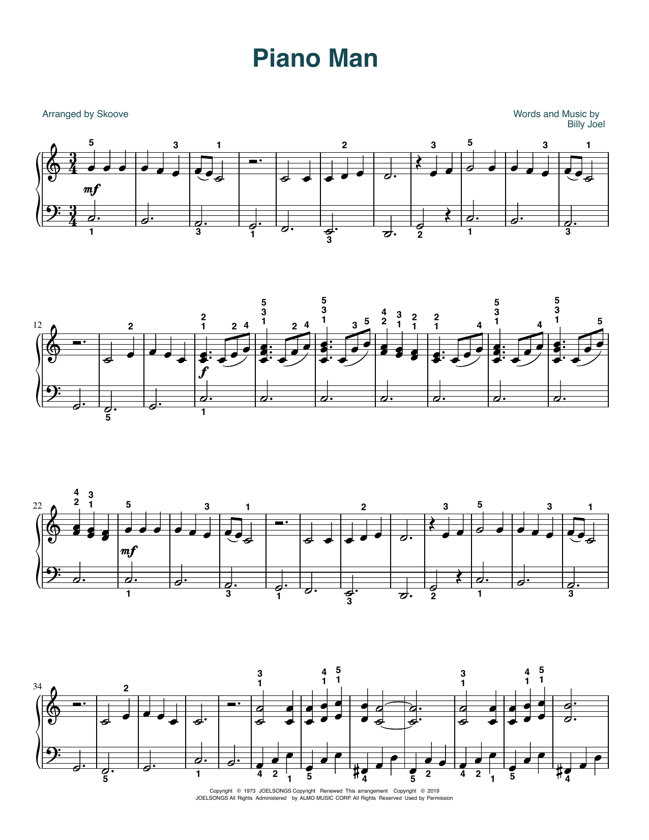 Download Billy Joel Piano Man (arr. Skoove) Sheet Music and learn how to play Easy Piano PDF digital score in minutes