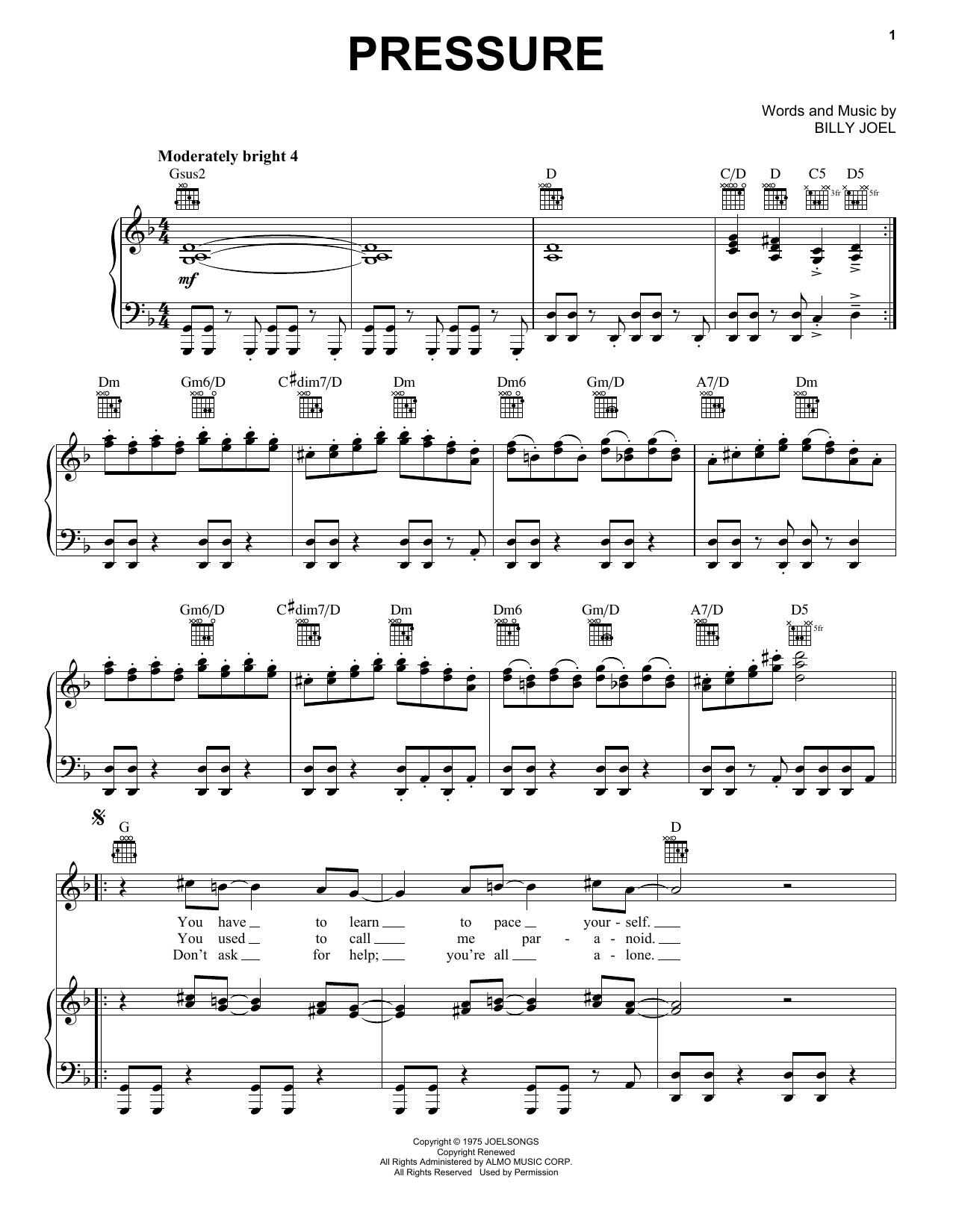 Download Billy Joel Pressure Sheet Music and learn how to play Piano PDF digital score in minutes