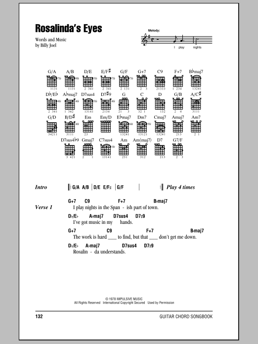Download Billy Joel Rosalinda's Eyes Sheet Music and learn how to play Lyrics & Piano Chords PDF digital score in minutes