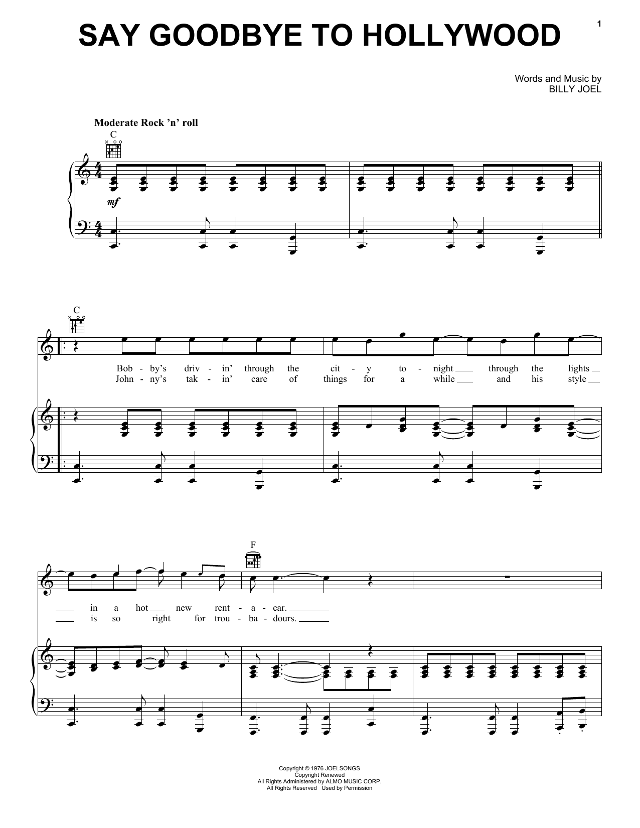 Download Billy Joel Say Goodbye To Hollywood Sheet Music and learn how to play Lyrics & Piano Chords PDF digital score in minutes