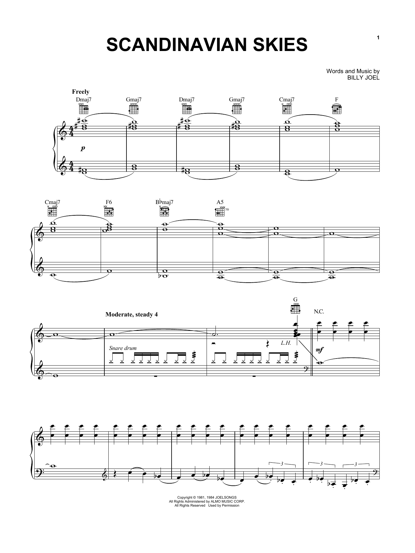 Download Billy Joel Scandinavian Skies Sheet Music and learn how to play Piano, Vocal & Guitar Chords (Right-Hand Melody) PDF digital score in minutes