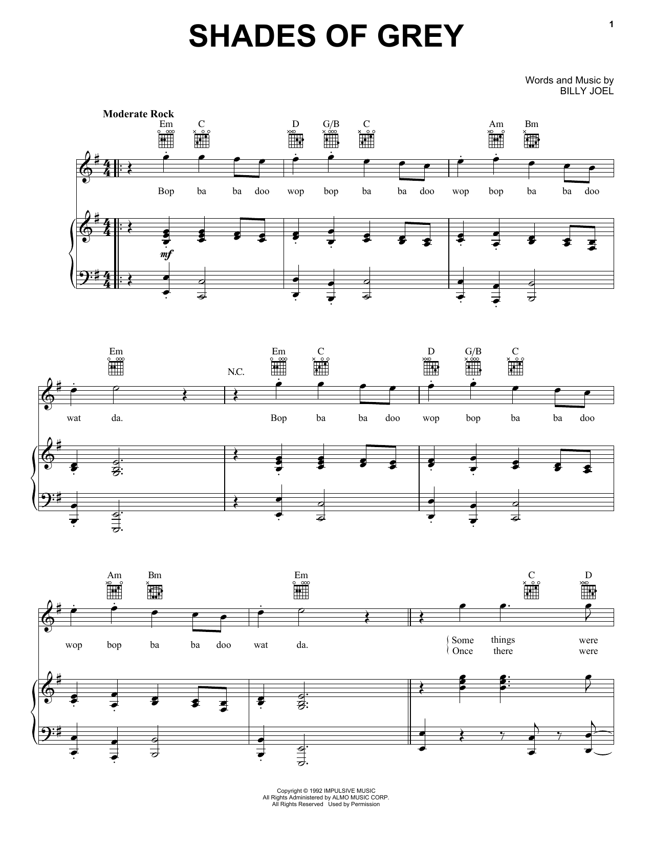 Download Billy Joel Shades Of Grey Sheet Music and learn how to play Piano, Vocal & Guitar Chords (Right-Hand Melody) PDF digital score in minutes