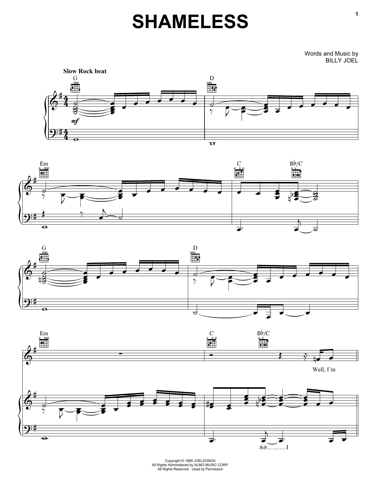 Download Billy Joel Shameless Sheet Music and learn how to play Piano PDF digital score in minutes
