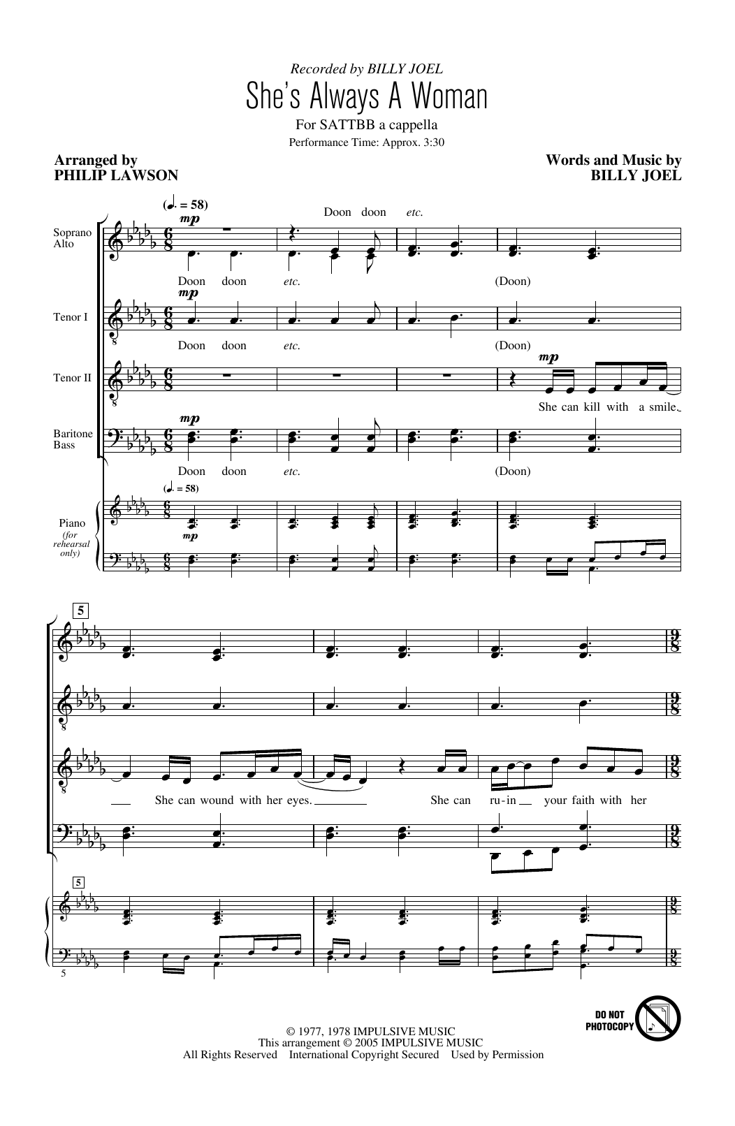 Download Billy Joel She's Always A Woman (arr. Philip Lawson) Sheet Music and learn how to play SATB Choir PDF digital score in minutes