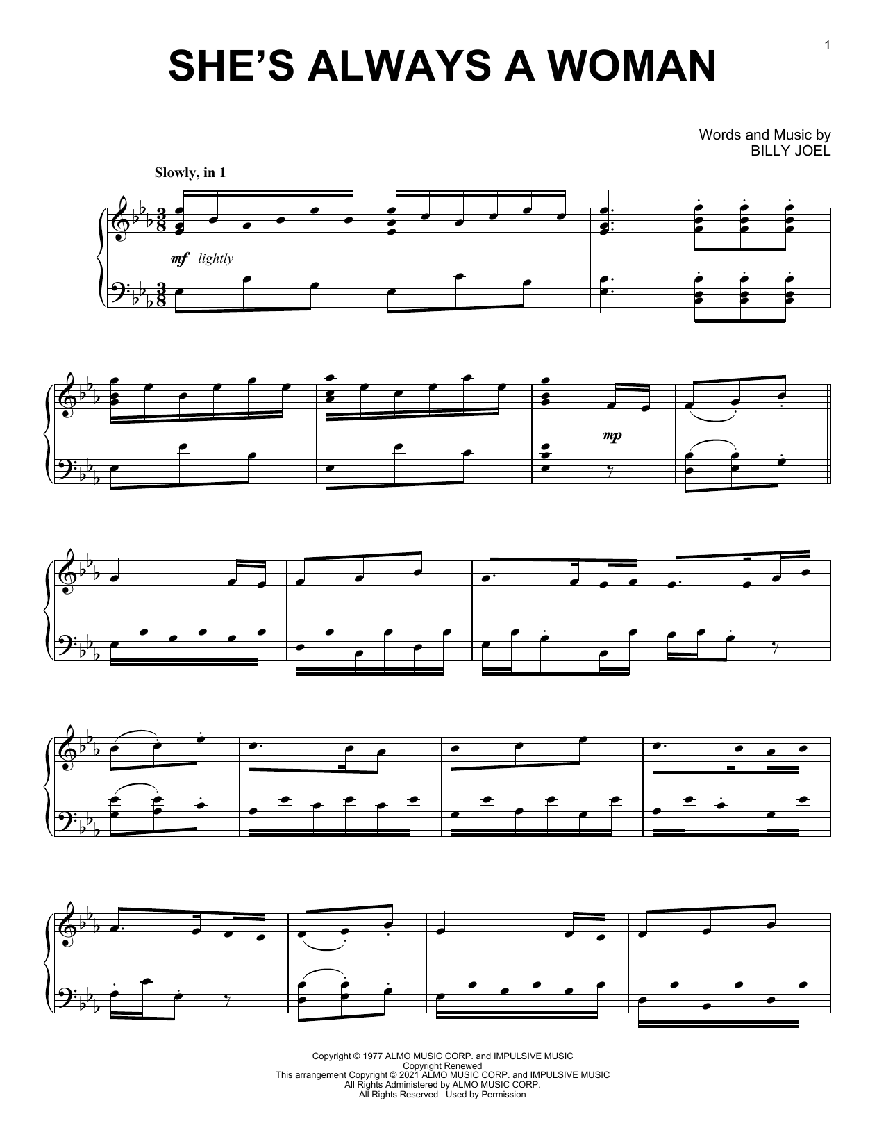 Download Billy Joel She's Always A Woman [Classical version] (arr. David Pearl) Sheet Music and learn how to play Piano Solo PDF digital score in minutes