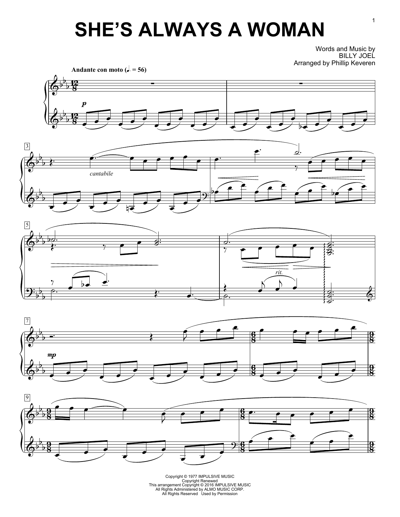 Download Billy Joel She's Always A Woman Sheet Music and learn how to play Piano PDF digital score in minutes