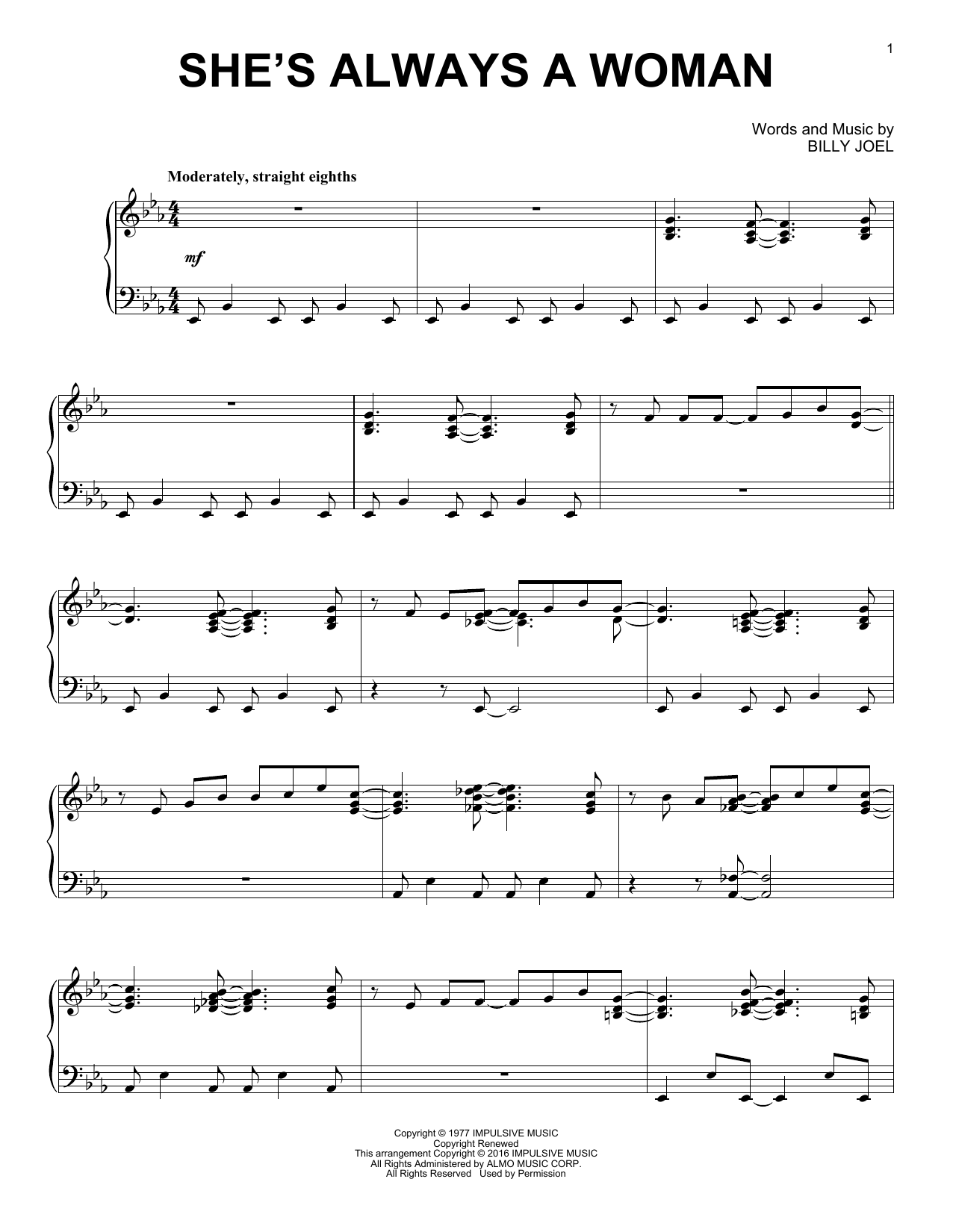Download Billy Joel She's Always A Woman Sheet Music and learn how to play Piano PDF digital score in minutes