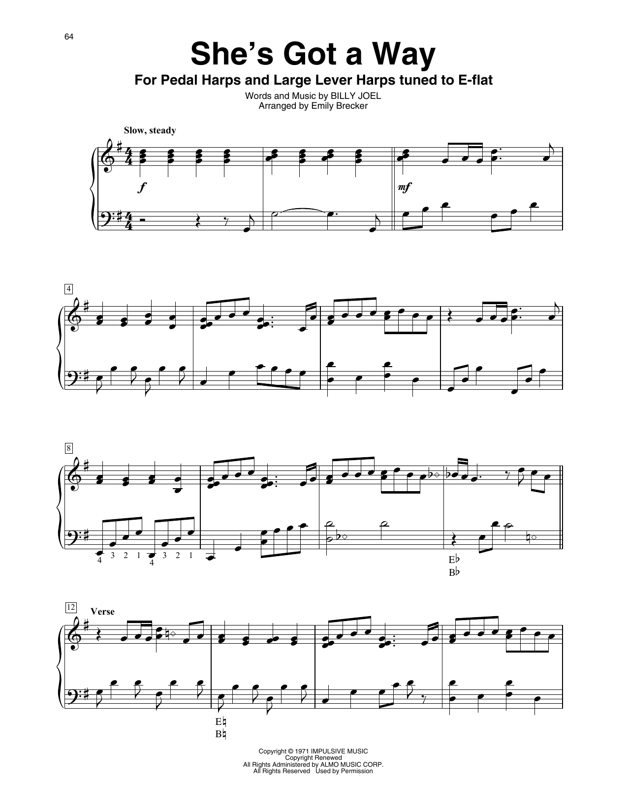 Download Billy Joel She's Got A Way (arr. Emily Brecker) Sheet Music and learn how to play Harp PDF digital score in minutes