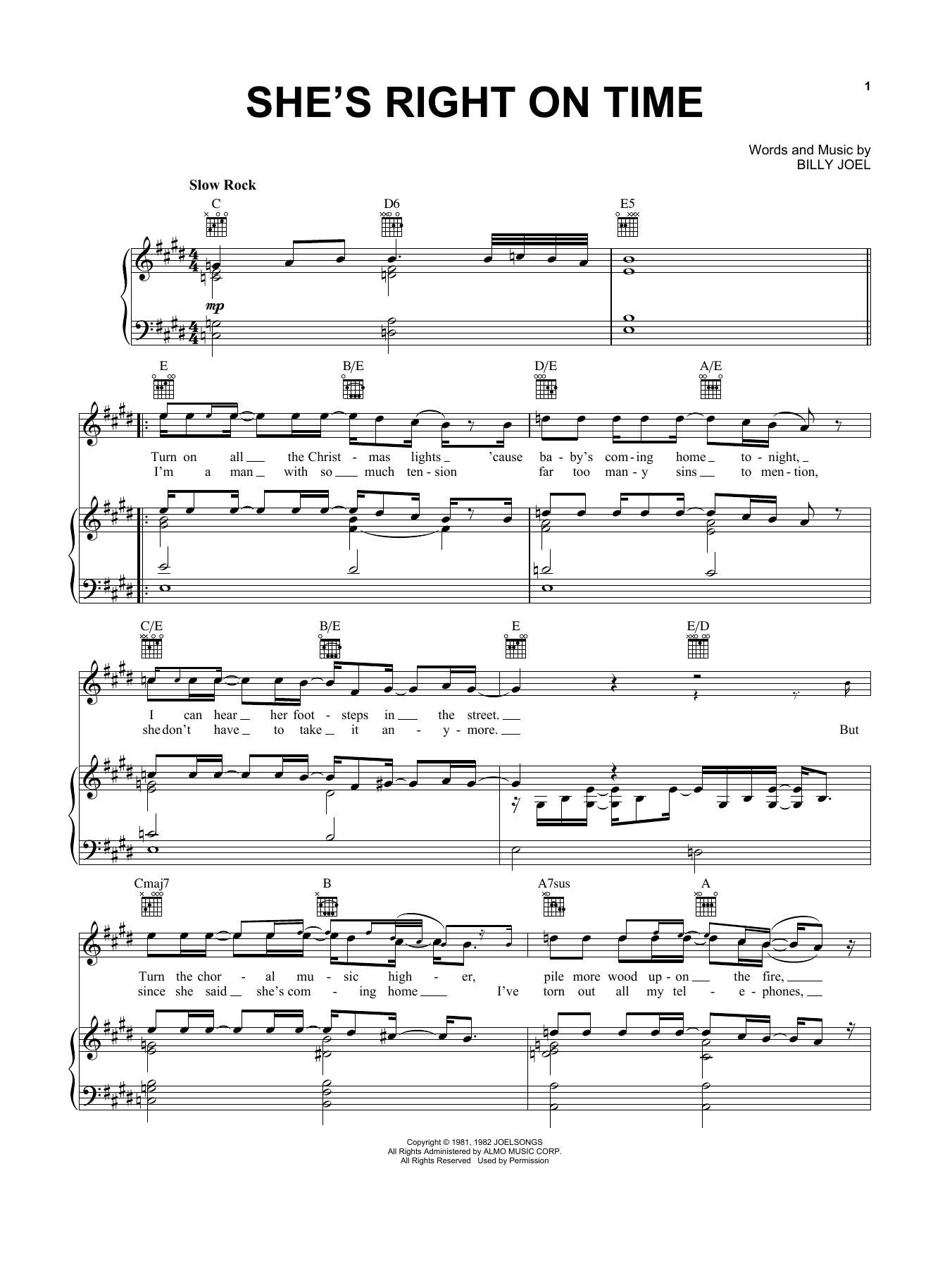 Download Billy Joel She's Right On Time Sheet Music and learn how to play Piano, Vocal & Guitar (Right-Hand Melody) PDF digital score in minutes