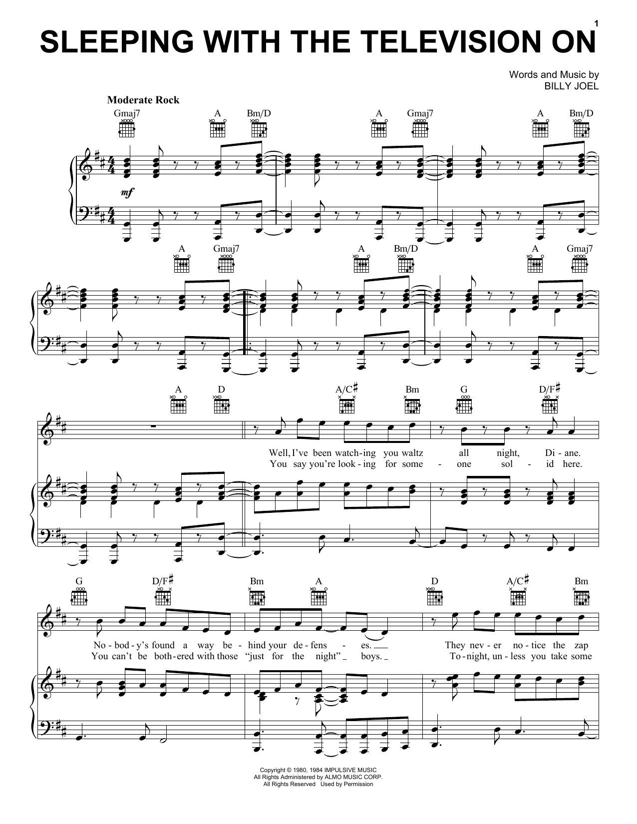 Download Billy Joel Sleeping With The Television On Sheet Music and learn how to play Piano, Vocal & Guitar Chords (Right-Hand Melody) PDF digital score in minutes