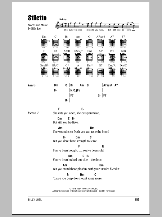 Download Billy Joel Stiletto Sheet Music and learn how to play Lyrics & Chords PDF digital score in minutes