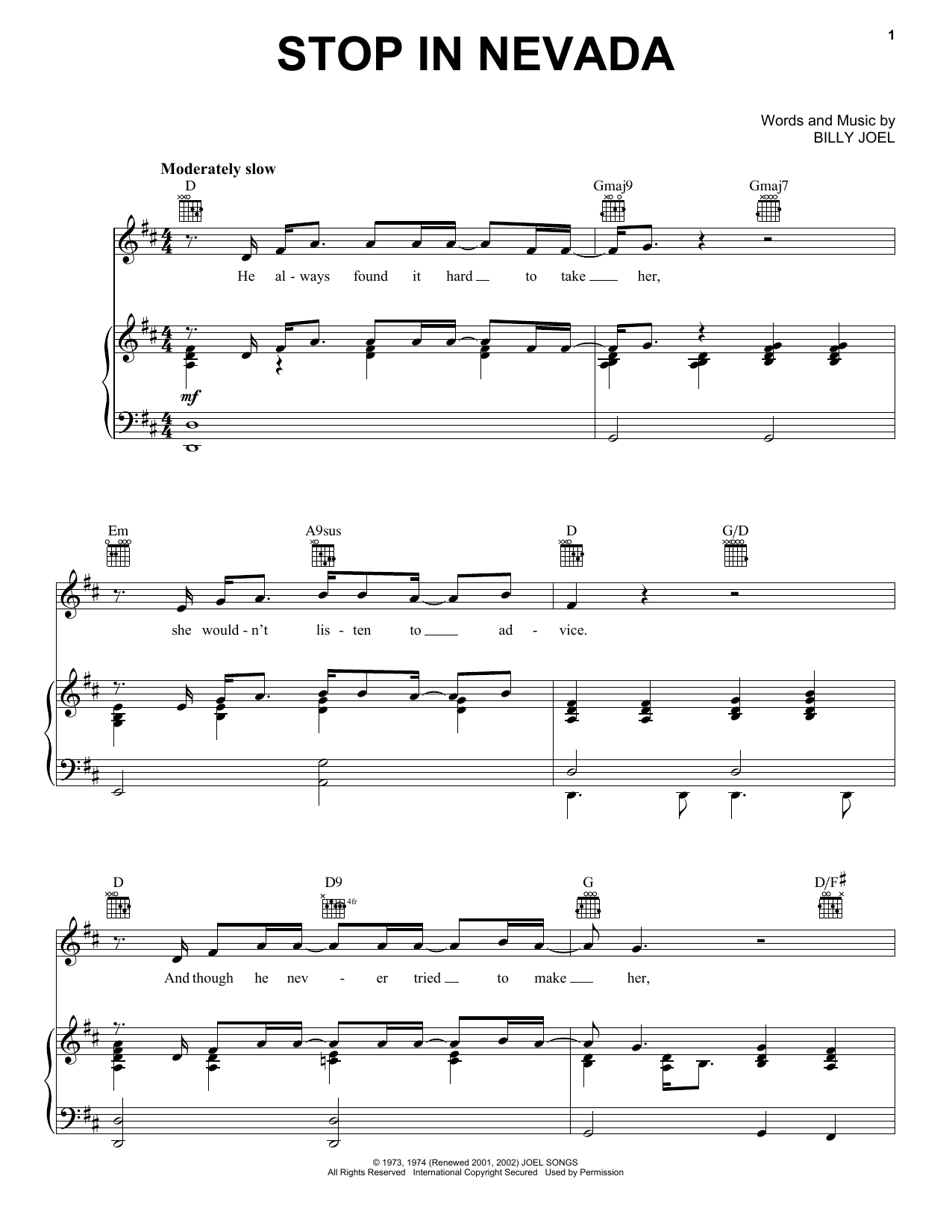 Download Billy Joel Stop In Nevada Sheet Music and learn how to play Piano, Vocal & Guitar (Right-Hand Melody) PDF digital score in minutes