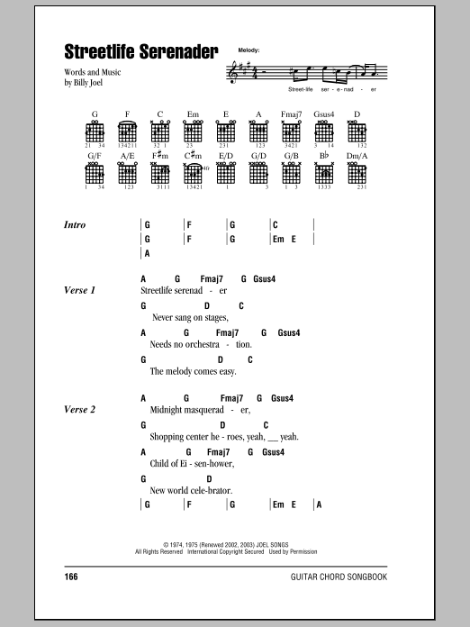 Download Billy Joel Streetlife Serenader Sheet Music and learn how to play Lyrics & Piano Chords PDF digital score in minutes