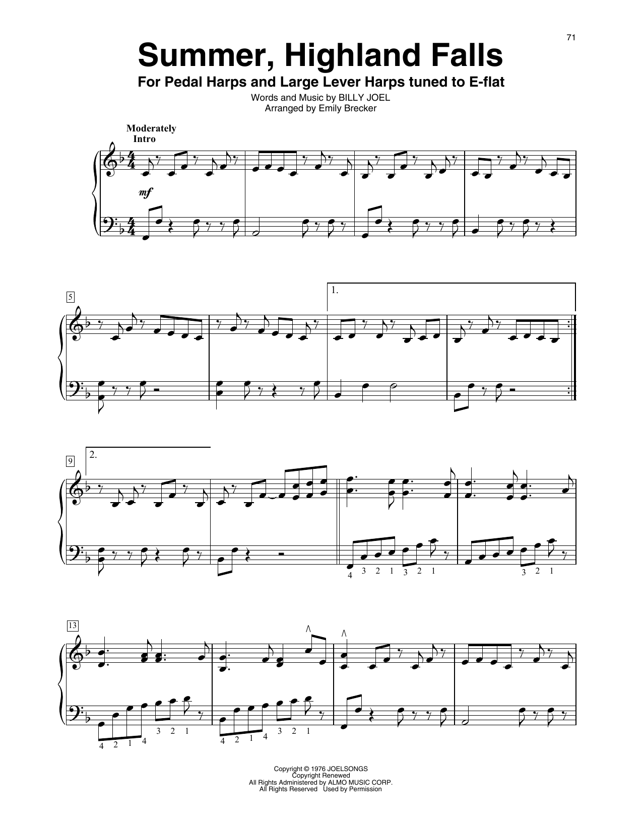 Download Billy Joel Summer, Highland Falls (arr. Emily Brecker) Sheet Music and learn how to play Harp PDF digital score in minutes