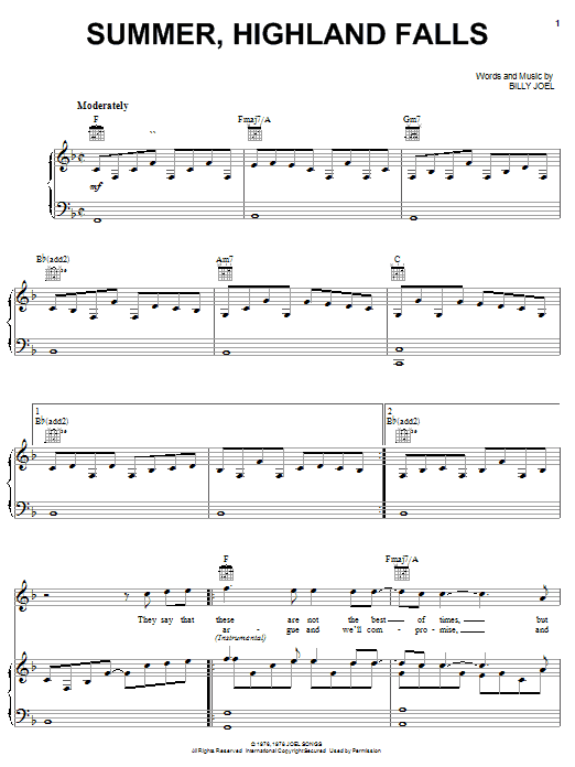 Download Billy Joel Summer, Highland Falls Sheet Music and learn how to play Piano, Vocal & Guitar (Right-Hand Melody) PDF digital score in minutes