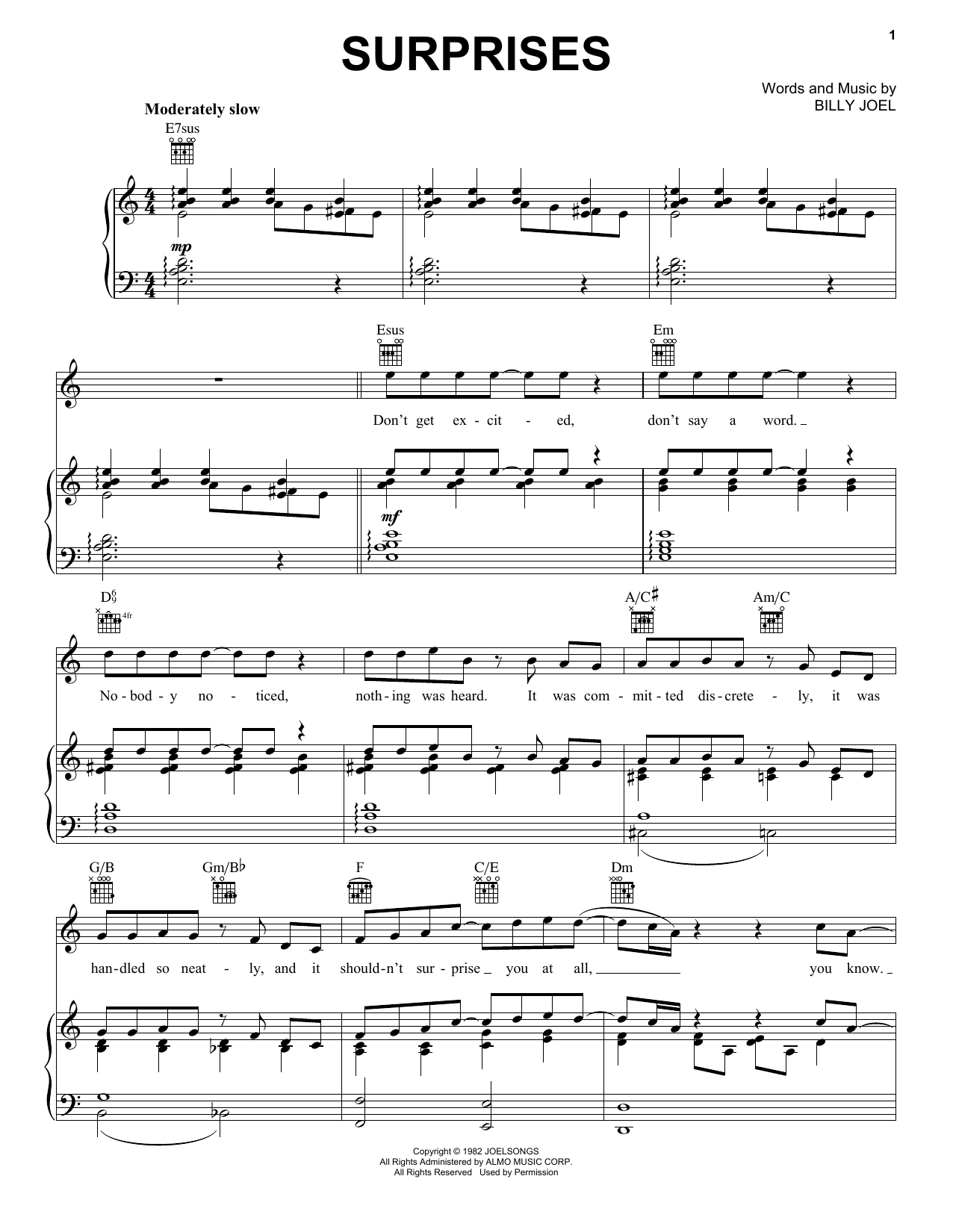 Download Billy Joel Surprises Sheet Music and learn how to play Piano, Vocal & Guitar Chords (Right-Hand Melody) PDF digital score in minutes