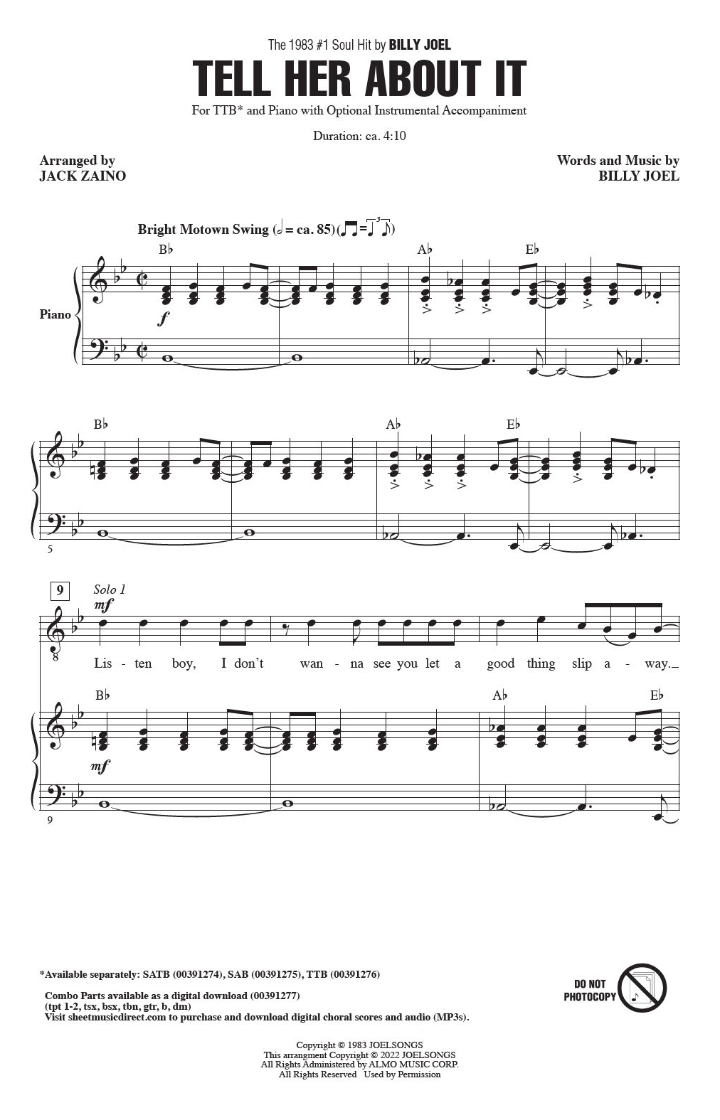 Download Billy Joel Tell Her About It (arr. Jack Zaino) Sheet Music and learn how to play SATB Choir PDF digital score in minutes