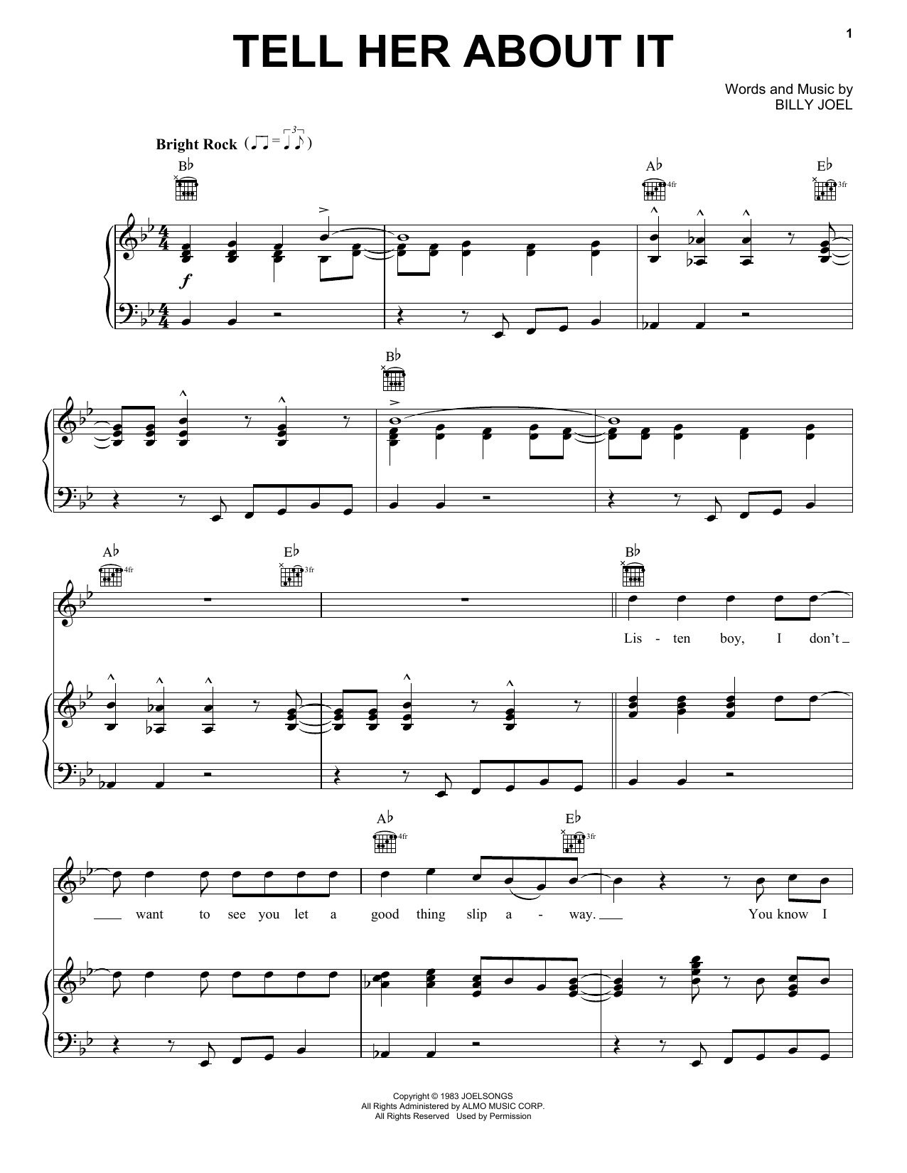 Download Billy Joel Tell Her About It Sheet Music and learn how to play Lyrics & Piano Chords PDF digital score in minutes
