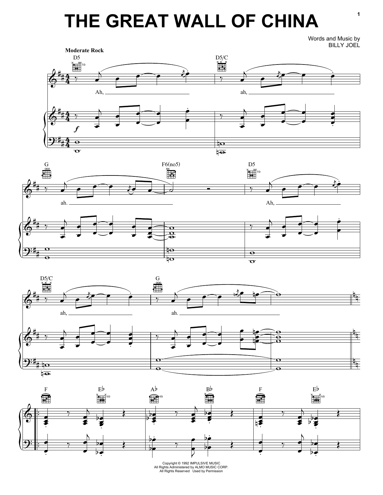 Download Billy Joel The Great Wall Of China Sheet Music and learn how to play Piano, Vocal & Guitar Chords (Right-Hand Melody) PDF digital score in minutes