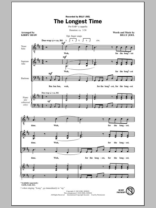 Download Billy Joel The Longest Time (SAB with Tenor Solo) (arr. Kirby Shaw) Sheet Music and learn how to play SAB Choir PDF digital score in minutes