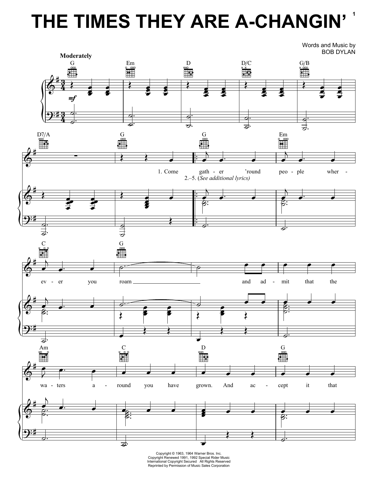 Download Billy Joel The Times They Are A-Changin' Sheet Music and learn how to play Piano, Vocal & Guitar (Right-Hand Melody) PDF digital score in minutes