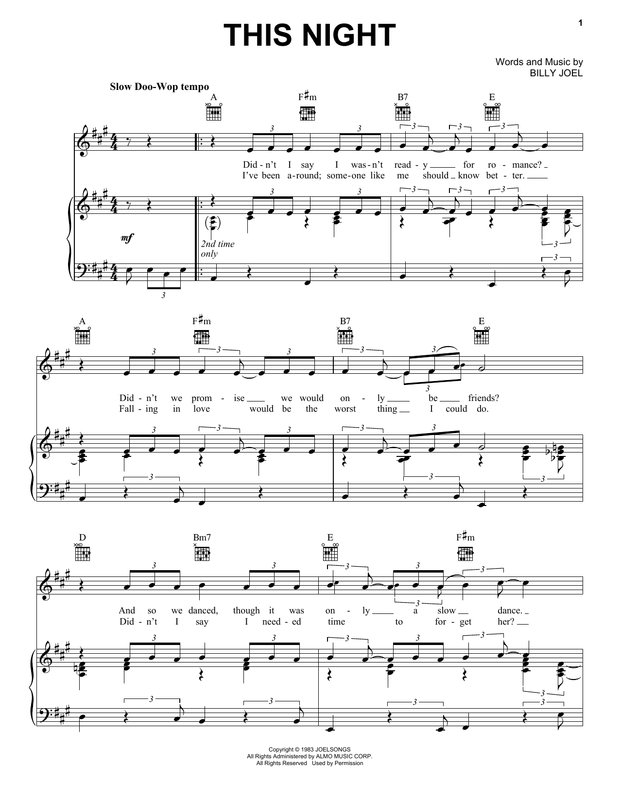 Download Billy Joel This Night Sheet Music and learn how to play Piano, Vocal & Guitar (Right-Hand Melody) PDF digital score in minutes
