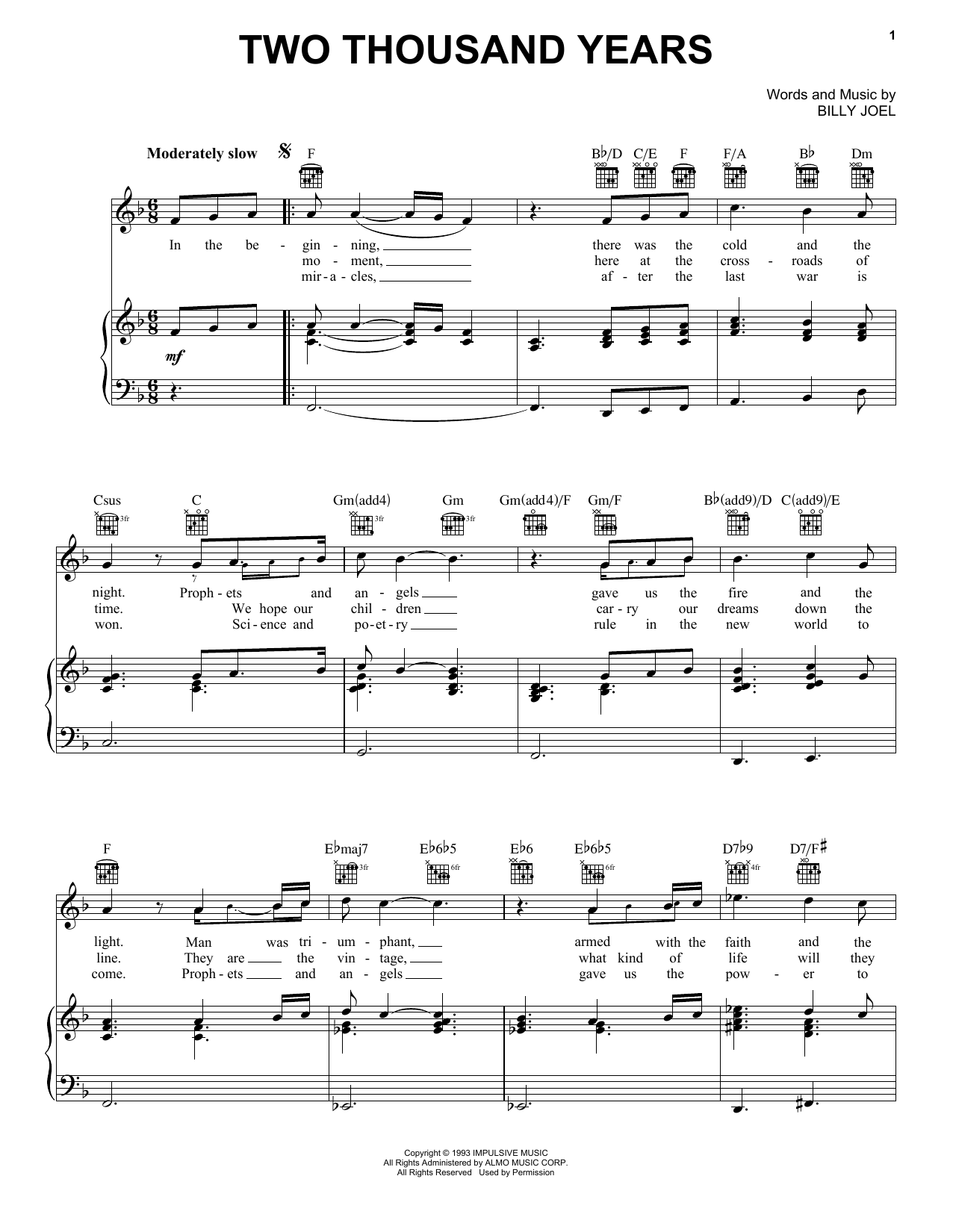 Download Billy Joel Two Thousand Years Sheet Music and learn how to play Piano, Vocal & Guitar Chords (Right-Hand Melody) PDF digital score in minutes