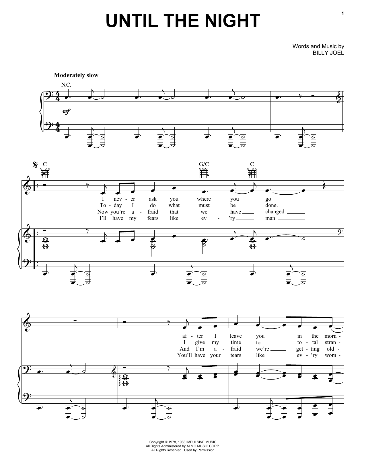 Download Billy Joel Until The Night Sheet Music and learn how to play Piano, Vocal & Guitar (Right-Hand Melody) PDF digital score in minutes