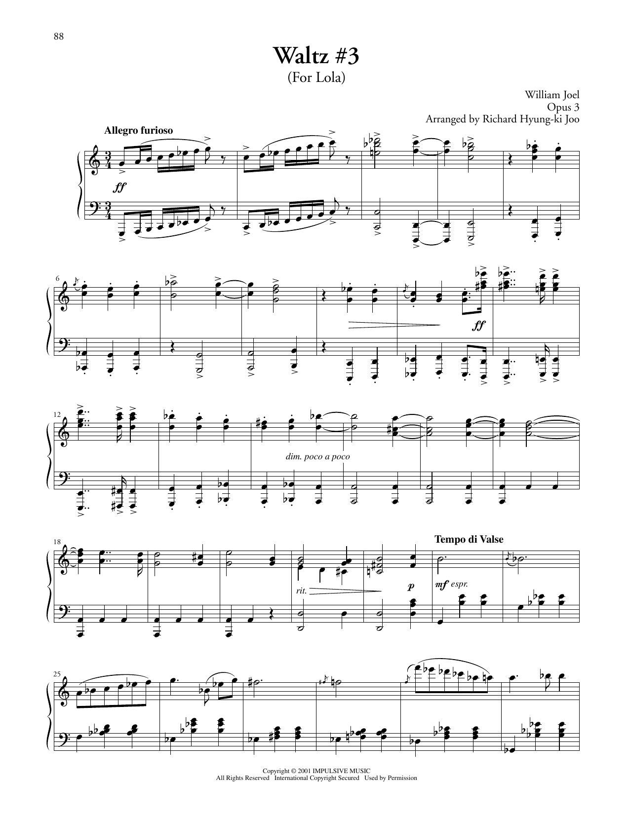 Download Billy Joel Waltz #3 (For Lola) Sheet Music and learn how to play Piano Solo PDF digital score in minutes