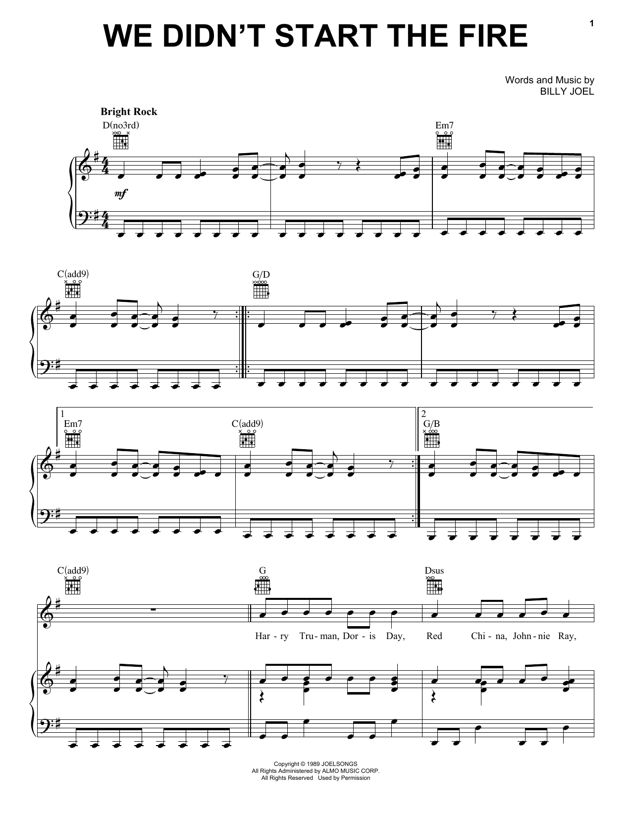 Download Billy Joel We Didn't Start The Fire Sheet Music and learn how to play Super Easy Piano PDF digital score in minutes
