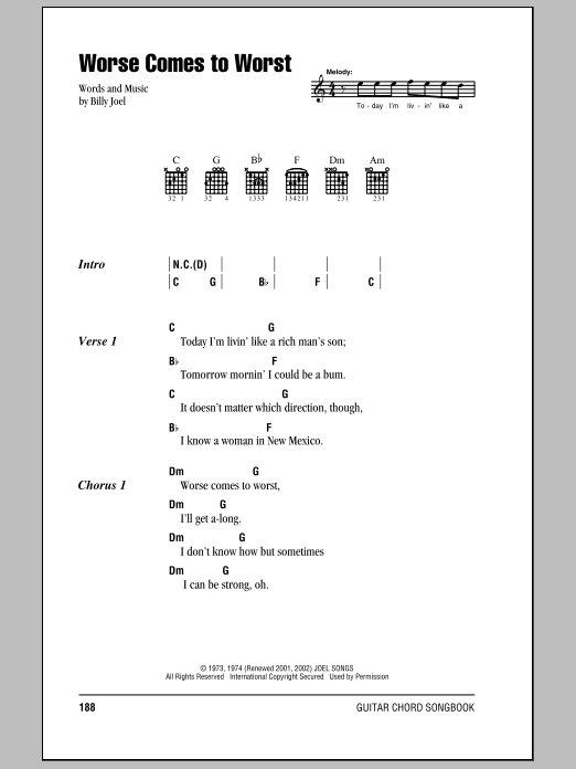 Download Billy Joel Worse Comes To Worst Sheet Music and learn how to play Lyrics & Chords PDF digital score in minutes