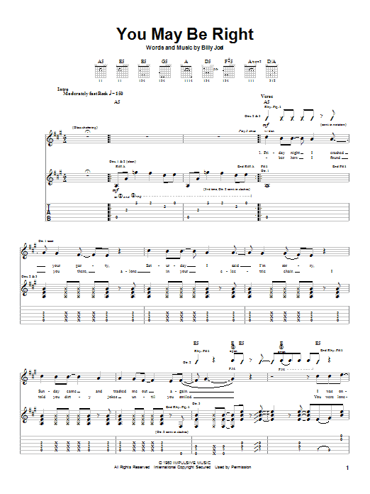 Download Billy Joel You May Be Right Sheet Music and learn how to play Guitar Lead Sheet PDF digital score in minutes