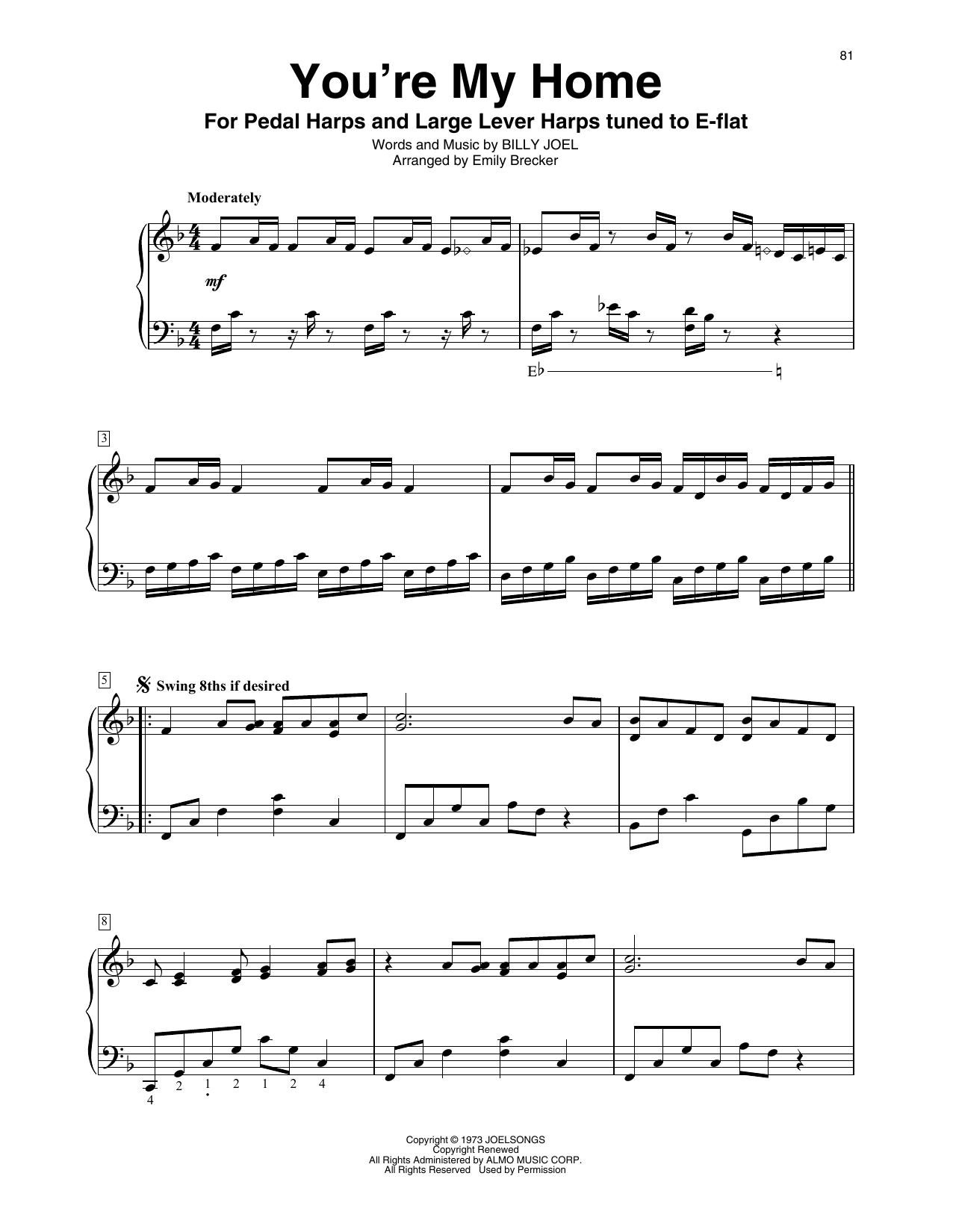 Download Billy Joel You're My Home (arr. Emily Brecker) Sheet Music and learn how to play Harp PDF digital score in minutes