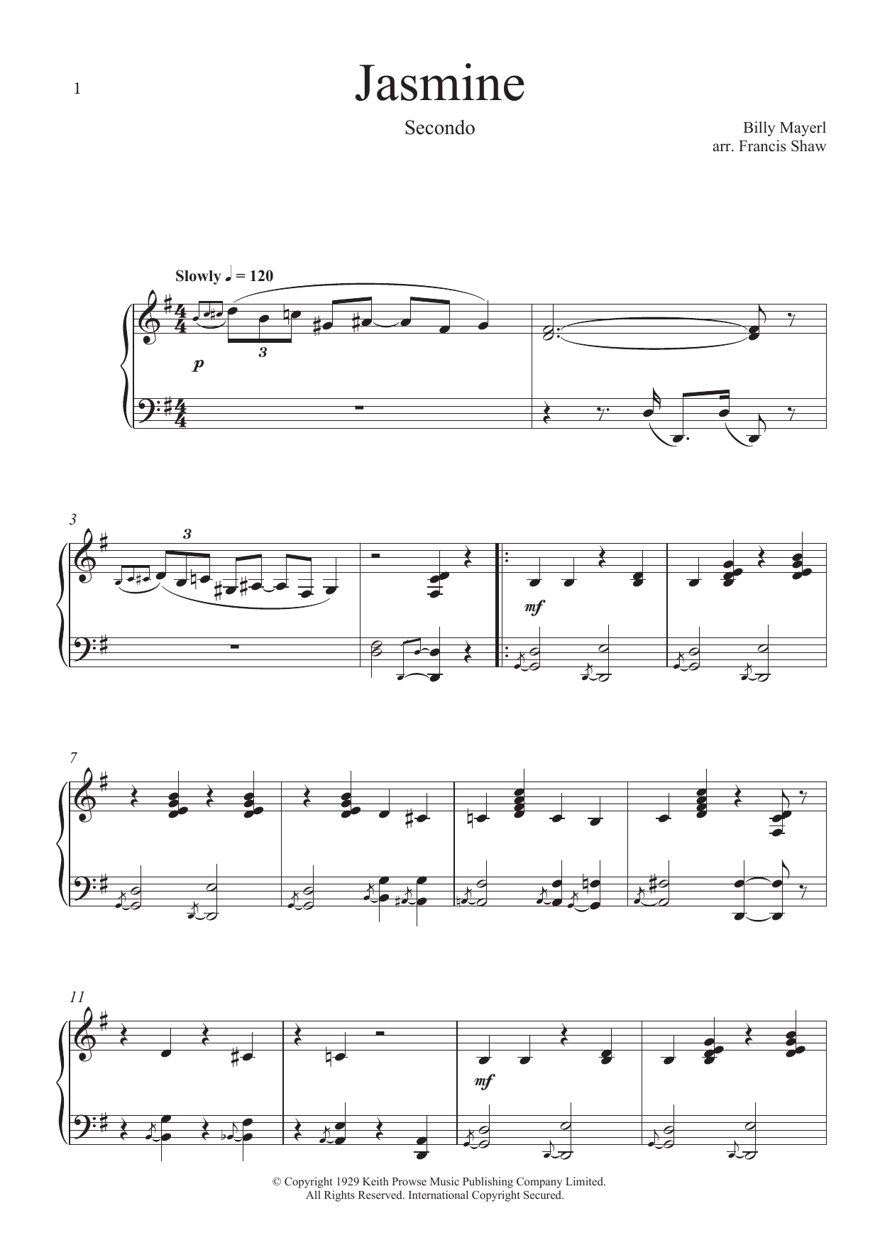 Download Billy Mayerl Jasmine Sheet Music and learn how to play Piano Duet PDF digital score in minutes