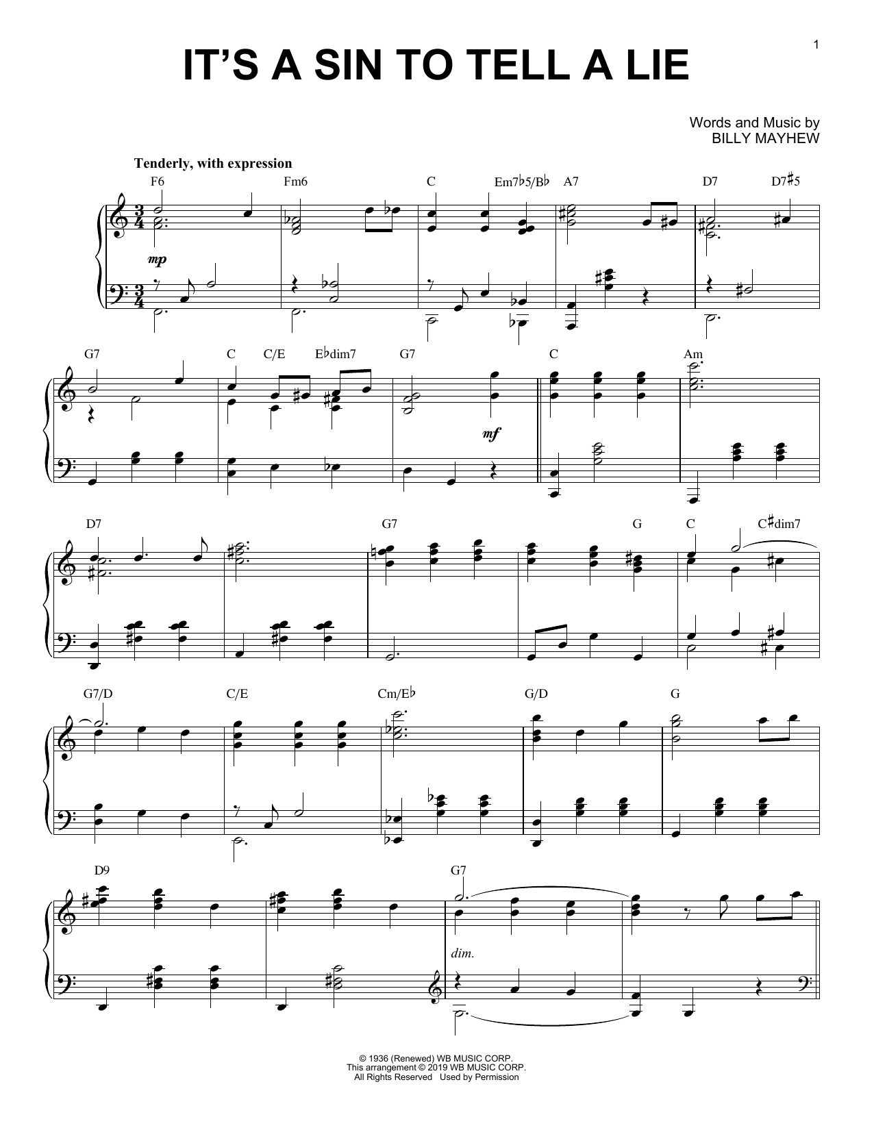 Download Billy Mayhew It's A Sin To Tell A Lie [Jazz version] Sheet Music and learn how to play Piano Solo PDF digital score in minutes