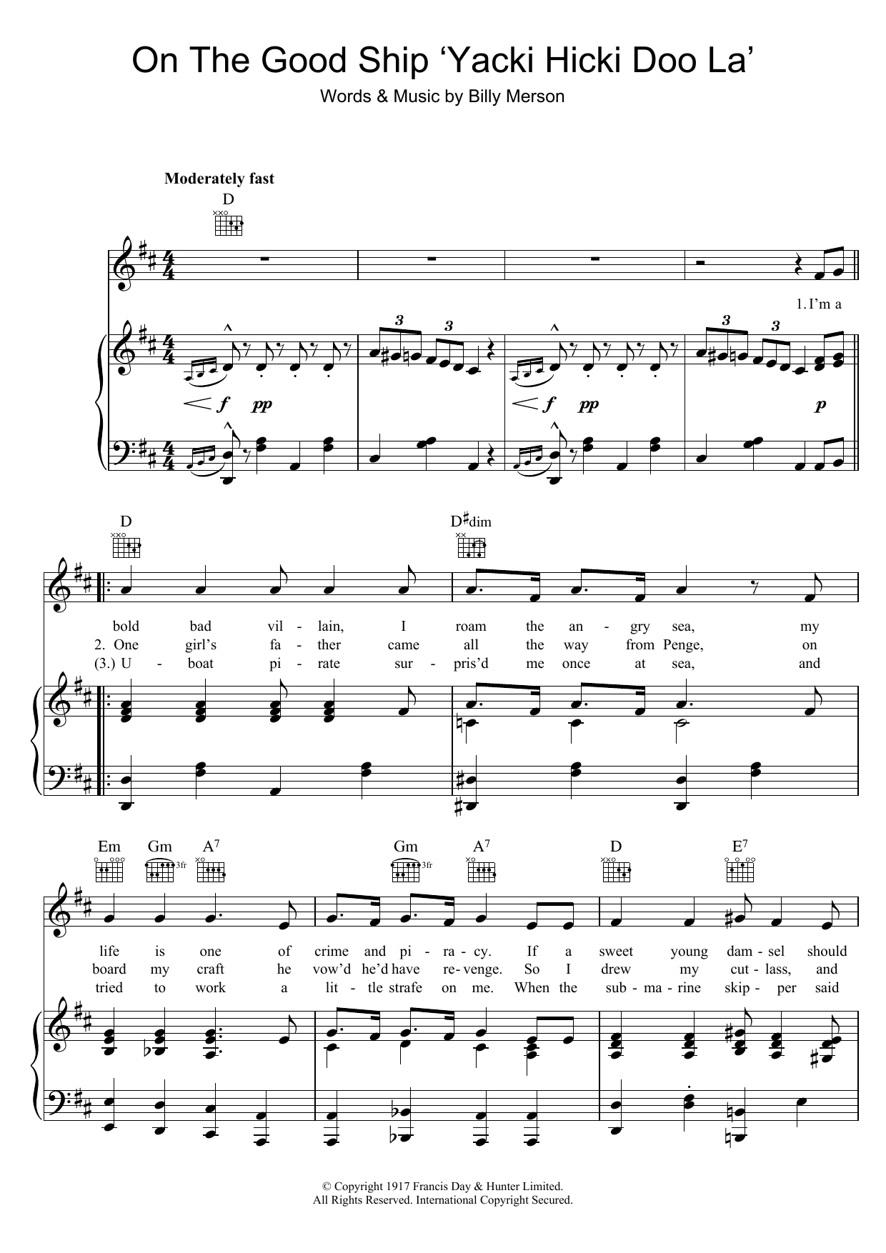 Download Billy Merson On The Good Ship Yacki Hicki Doo La Sheet Music and learn how to play Piano, Vocal & Guitar (Right-Hand Melody) PDF digital score in minutes