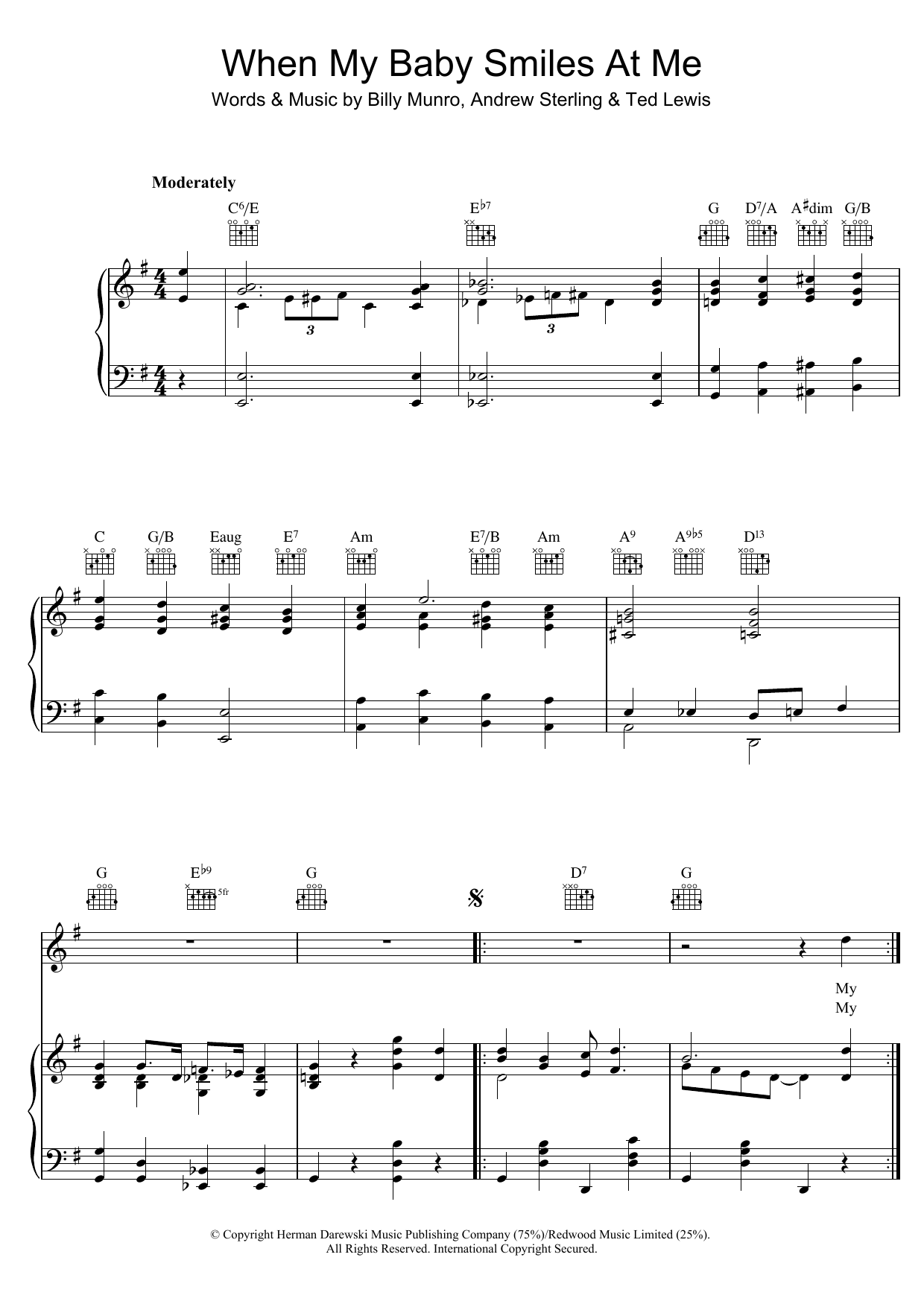 Download Billy Munro When My Baby Smiles At Me Sheet Music and learn how to play Piano, Vocal & Guitar (Right-Hand Melody) PDF digital score in minutes