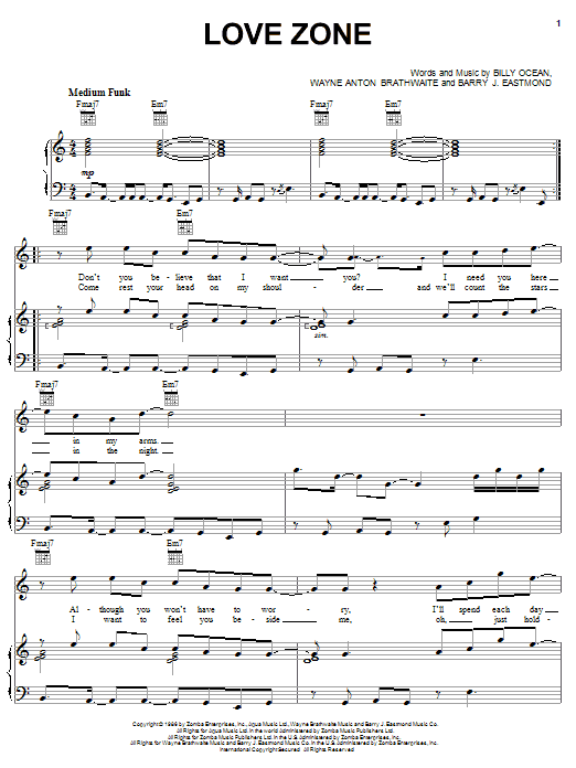 Download Billy Ocean Love Zone Sheet Music and learn how to play Piano, Vocal & Guitar (Right-Hand Melody) PDF digital score in minutes