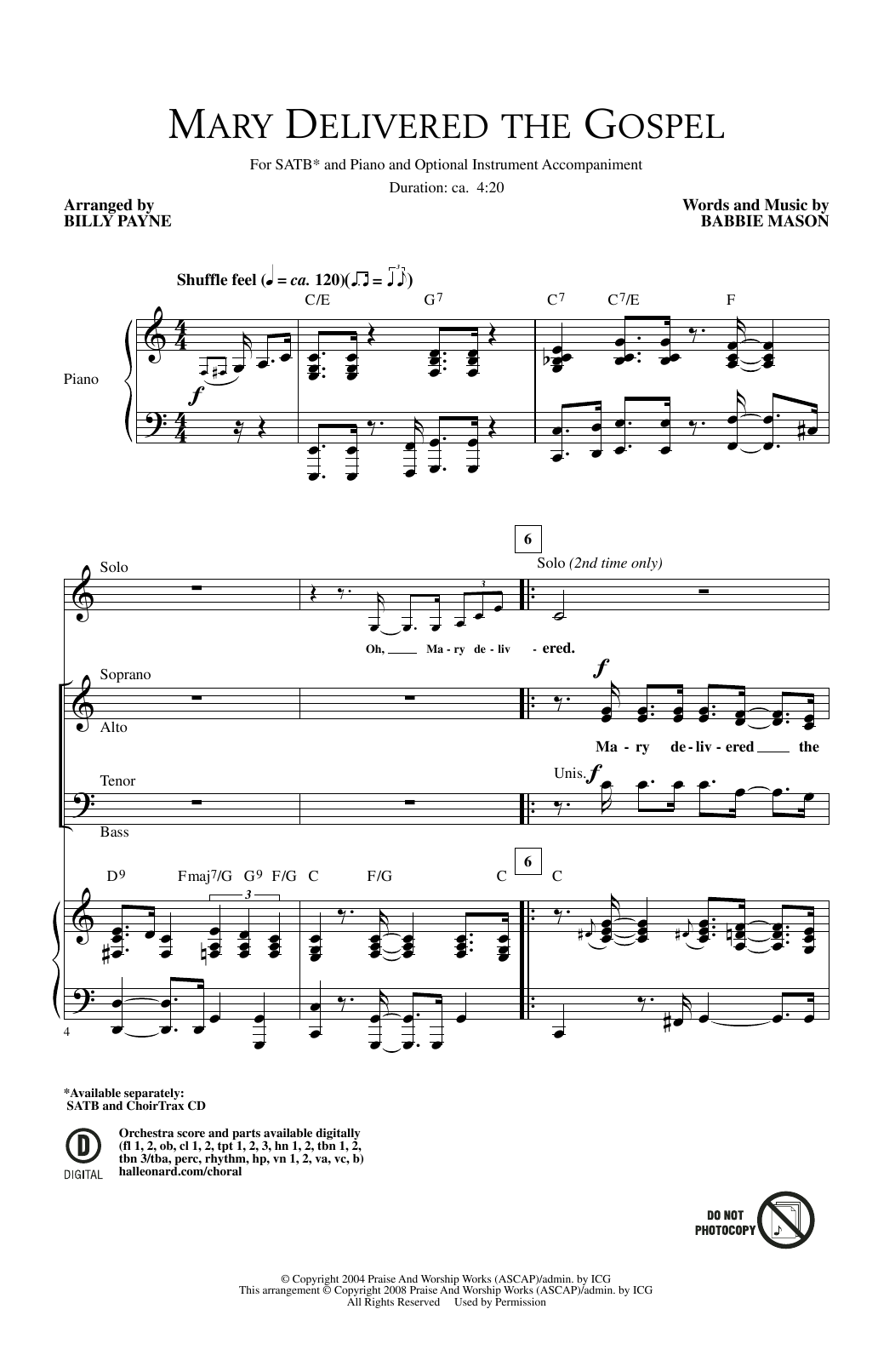 Download Billy Payne Mary Delivered The Gospel Sheet Music and learn how to play SATB PDF digital score in minutes