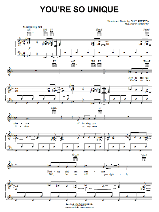 Download Billy Preston You're So Unique Sheet Music and learn how to play Piano, Vocal & Guitar (Right-Hand Melody) PDF digital score in minutes