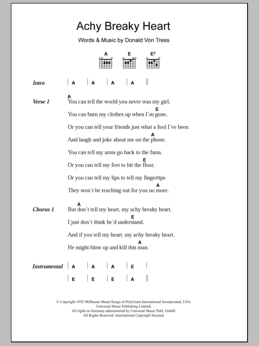 Download Billy Ray Cyrus Achy Breaky Heart Sheet Music and learn how to play Lyrics & Chords PDF digital score in minutes