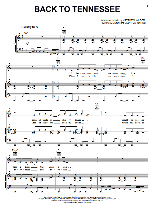Download Billy Ray Cyrus Back To Tennessee Sheet Music and learn how to play Piano, Vocal & Guitar (Right-Hand Melody) PDF digital score in minutes